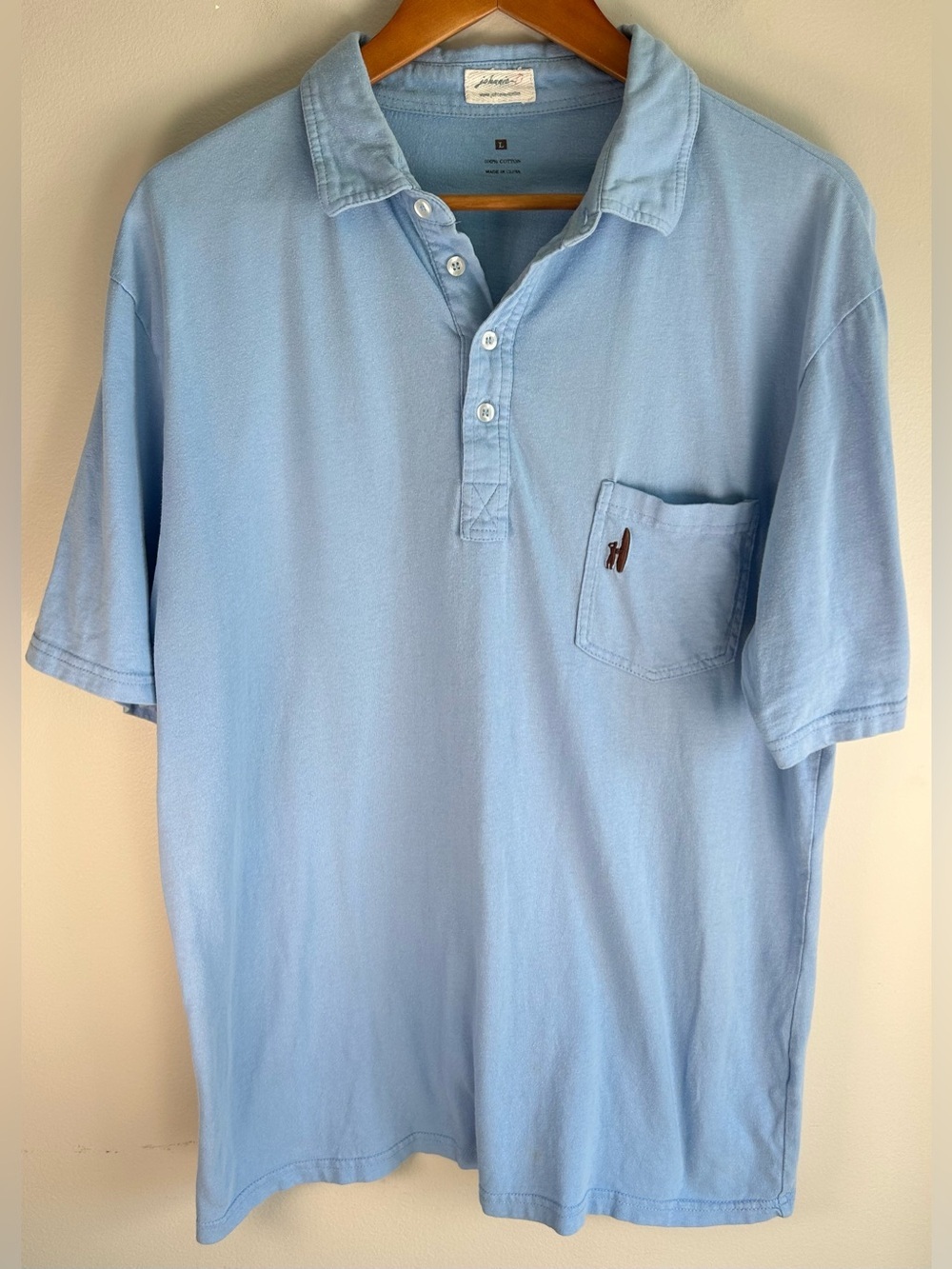 Johnnie-O Men's Polo Shirt Size L Light Blue Surfboard Cotton Casual S/S Pocket